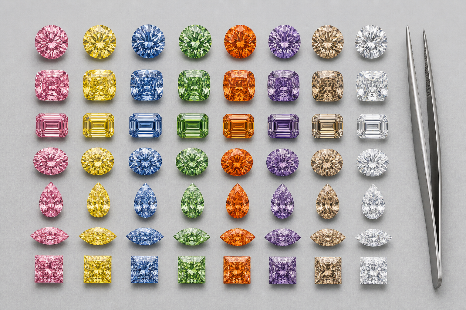 Grid of fancy-colored lab-grown diamonds in various cuts including pink, yellow, blue, green, orange, and purple