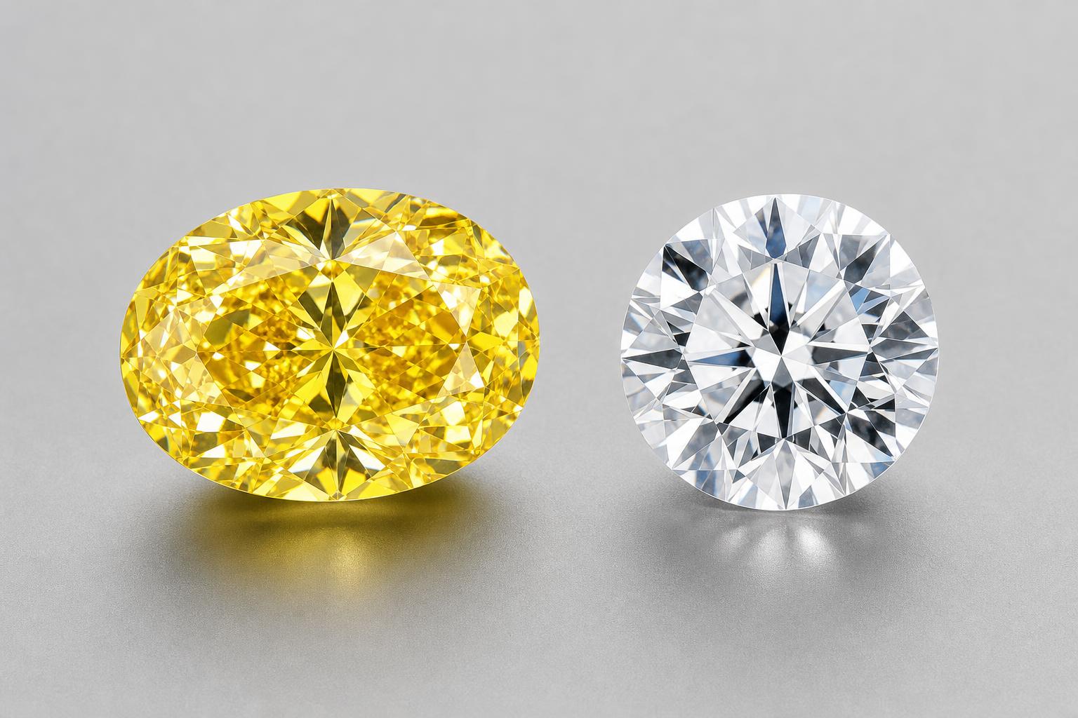 A brilliant canary yellow lab-grown diamond beside a classic white diamond on a cool gray studio surface