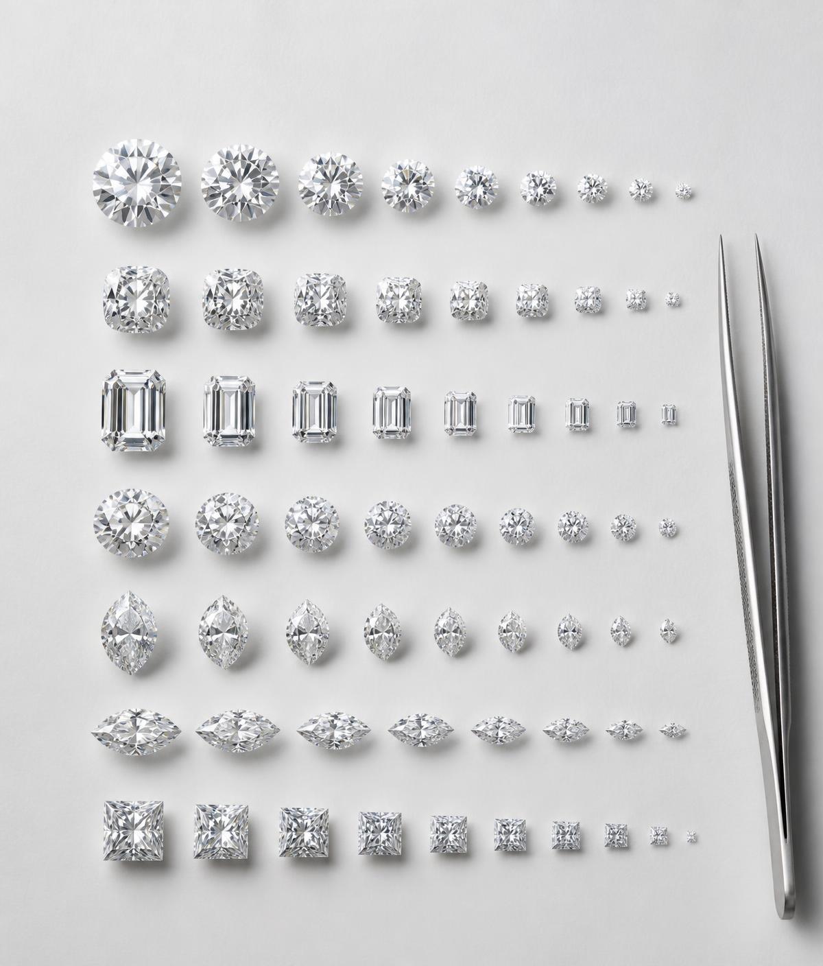 Loose diamonds arranged in graduated rows by shape and size beside diamond tweezers