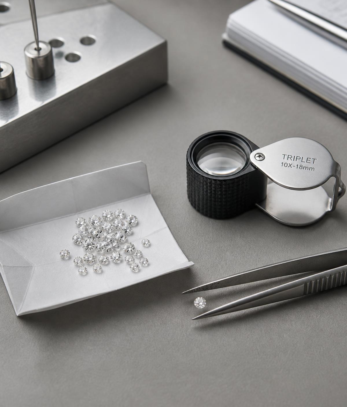 Jeweler's bench with a loupe, tweezers and a parcel paper of small loose diamonds