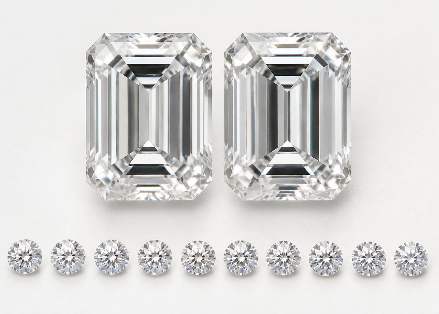 Matched pair of emerald cut diamonds above a calibrated row of round diamonds